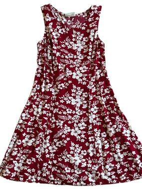 WOMENS TROPICAL SLEEVELESS MIDI SIZE 8 DRESS WHITE FLOWERS BURGUNDY BACKGROUND